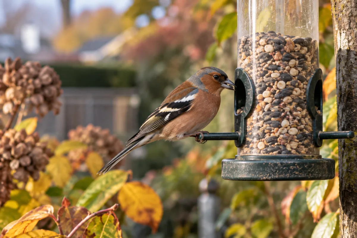 Een vink eet zaden van een voedersilo in een herfsttuin