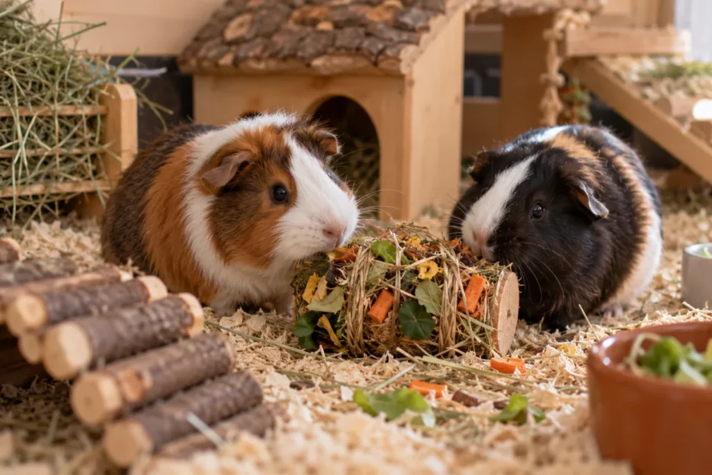Twee cavia's spelen met een speeltje van hooi en groente in hun verblijf