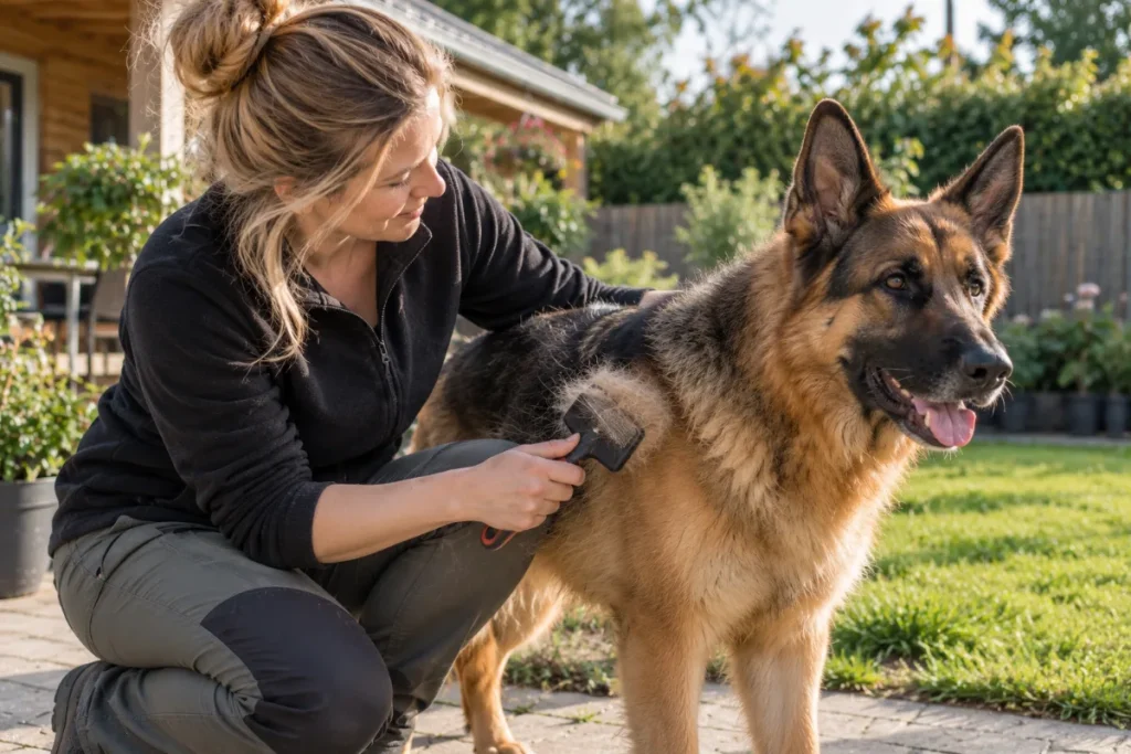 Een baasje borstelt een herdershond buiten, plukken losse haren op de borstel