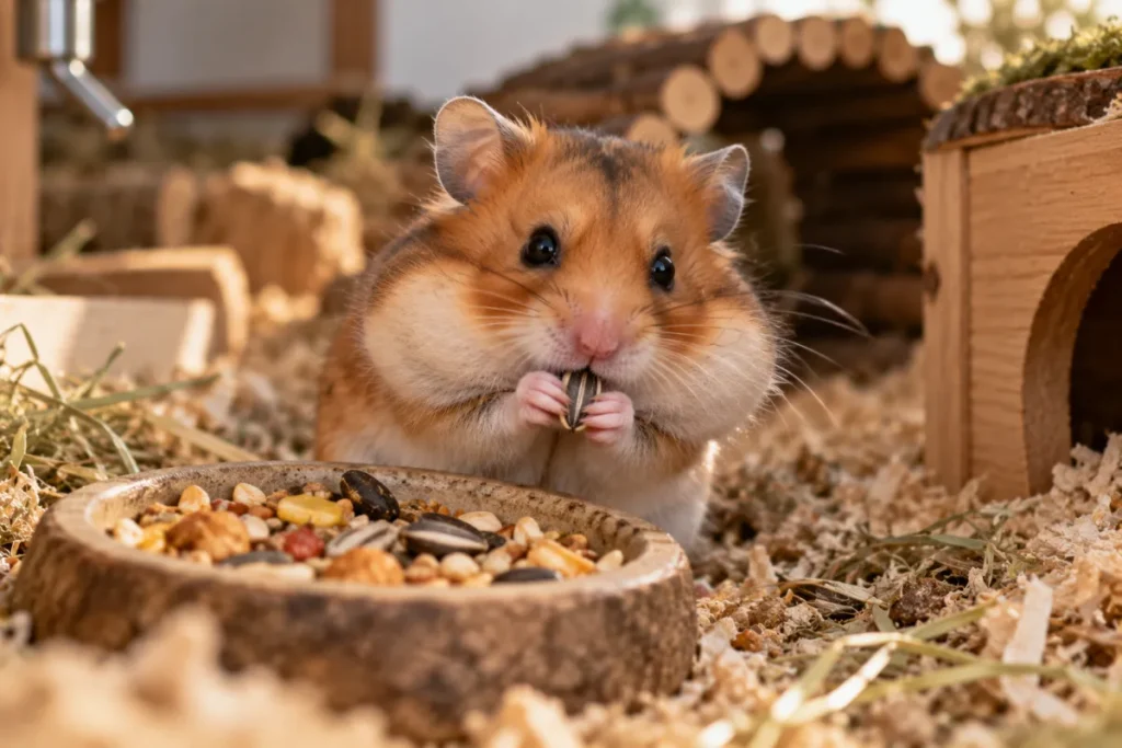Een hamster eet een zaadje met bolle wangen
