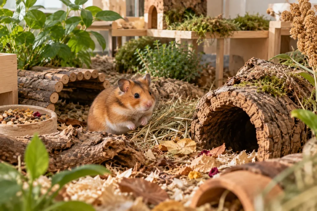Een hamster in een groot verblijf met natuurlijk ingerichte bodem, planten, kurk en tunnels