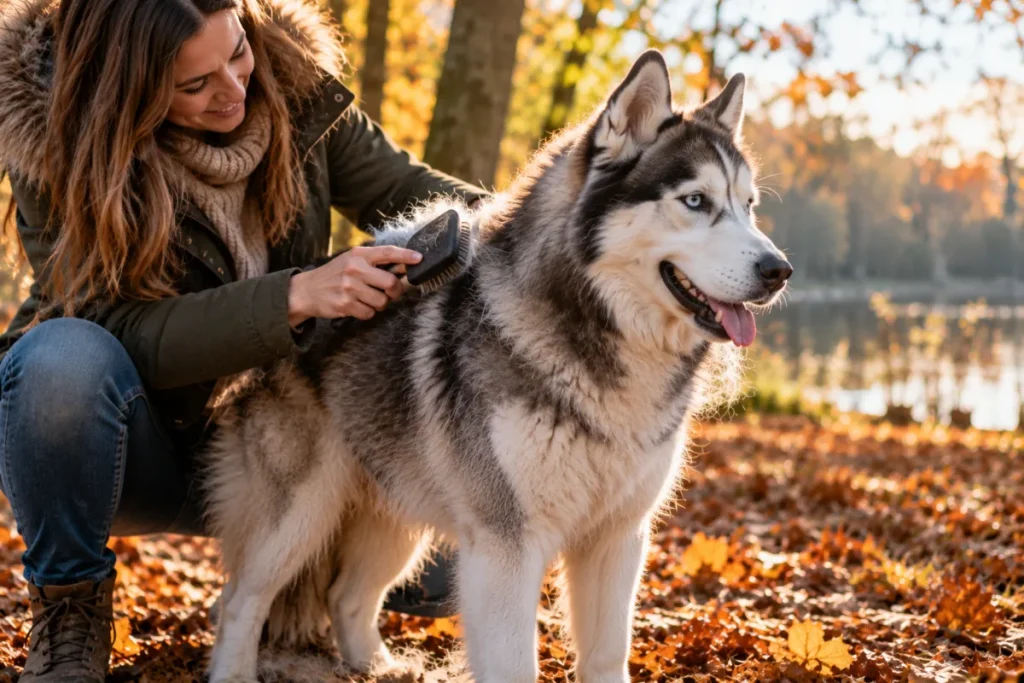Een baasje borstelt een husky buiten in de herfst