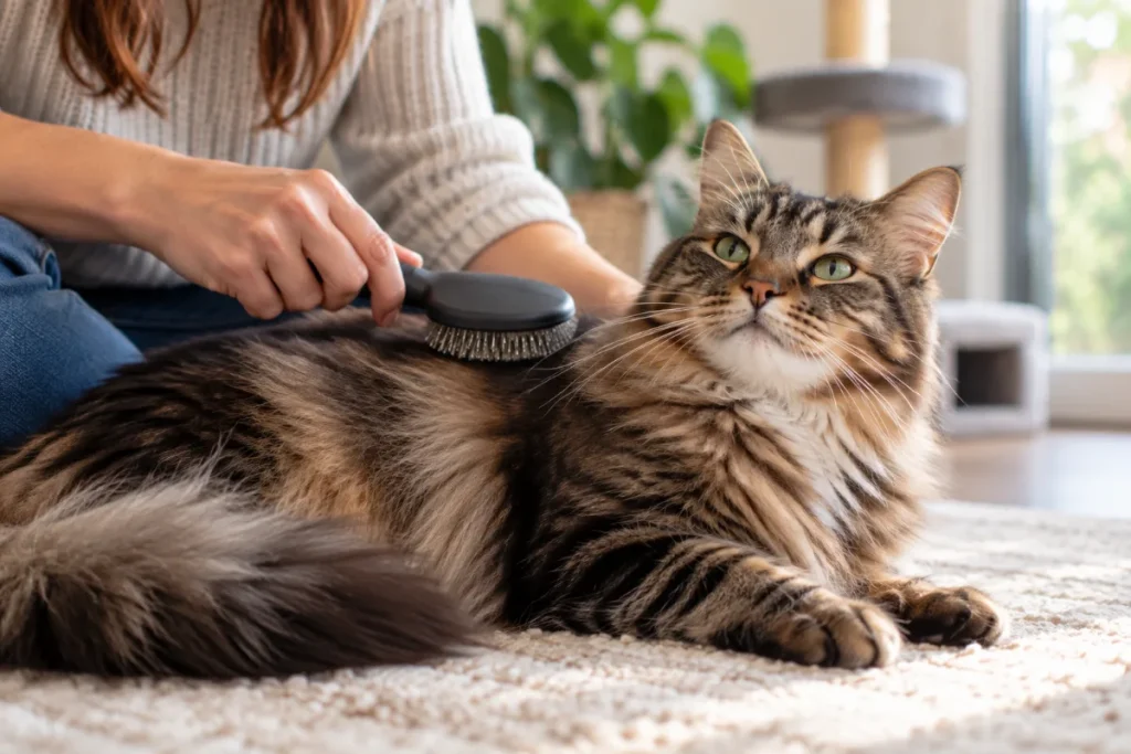 Een kat met een glanzende vacht wordt geborsteld