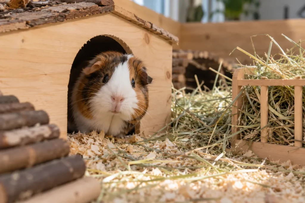 Een cavia gluurt uit een houten huisje in een ruim verblijf met hooi