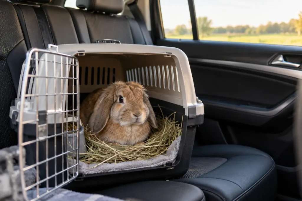 Een konijn zit rustig in een vervoersmand met hooi op de achterbank van een auto