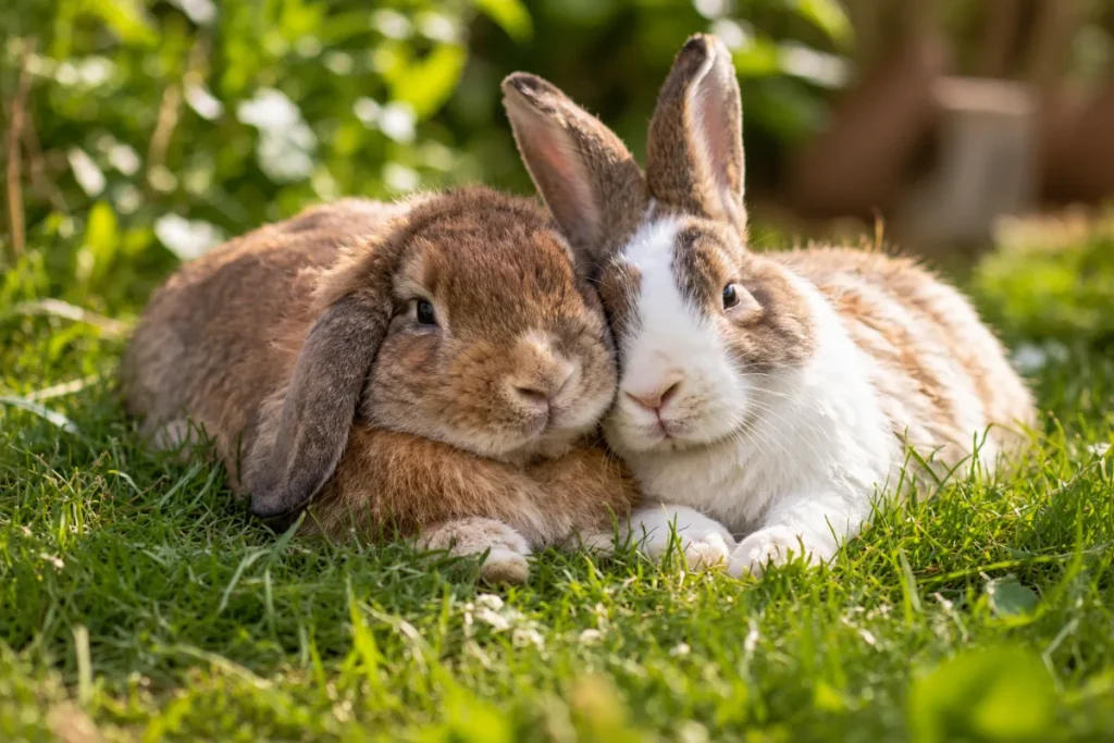 Twee konijnen liggen tegen elkaar aan in het gras