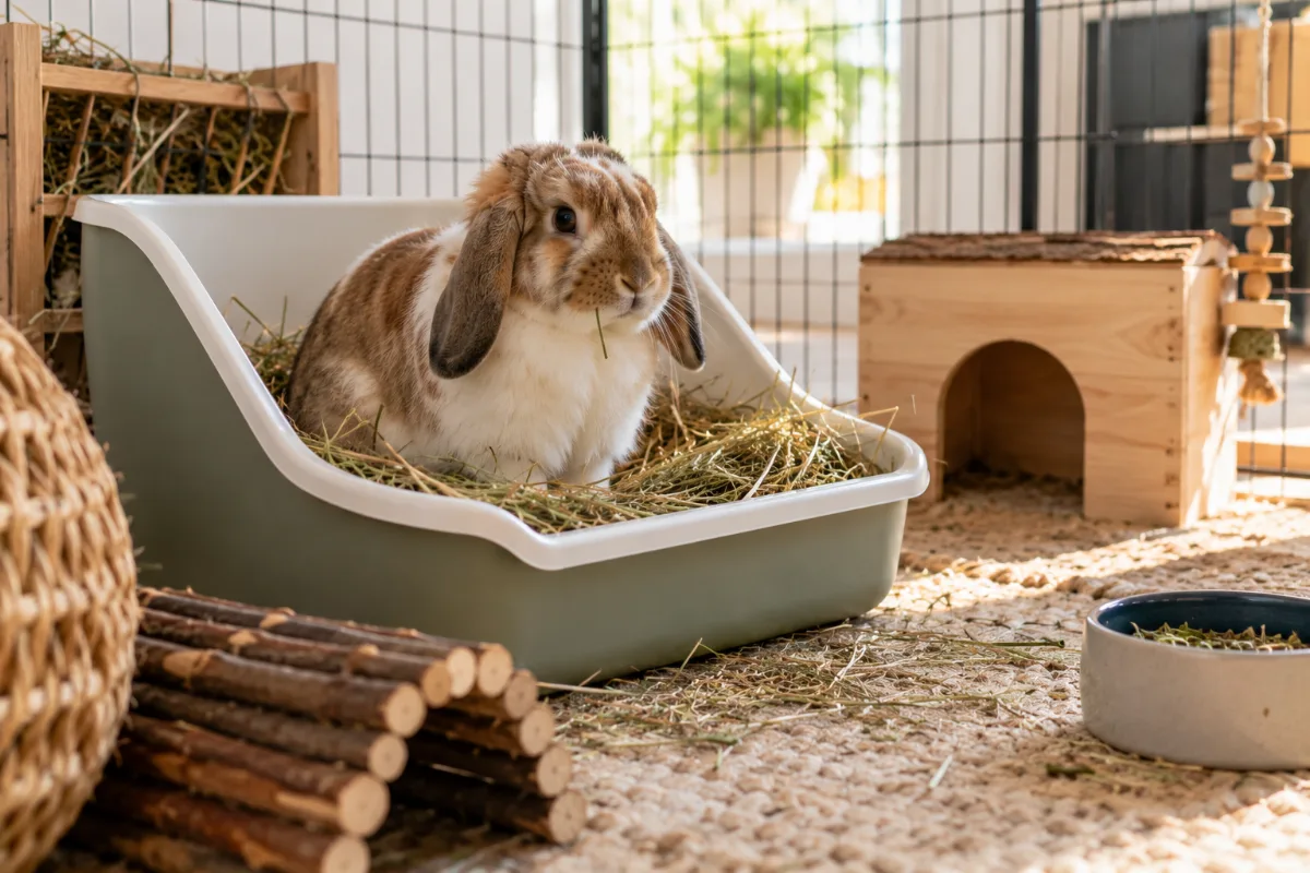 Een konijn zit in een konijnentoilet met hooi in een binnenren