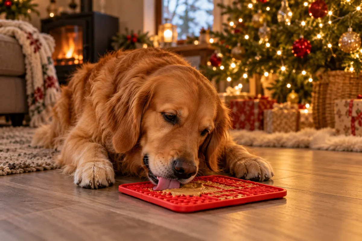 Een hond likt aan een likmat besmeerd met lekkers op de vloer, kerstsfeer op de achtergrond