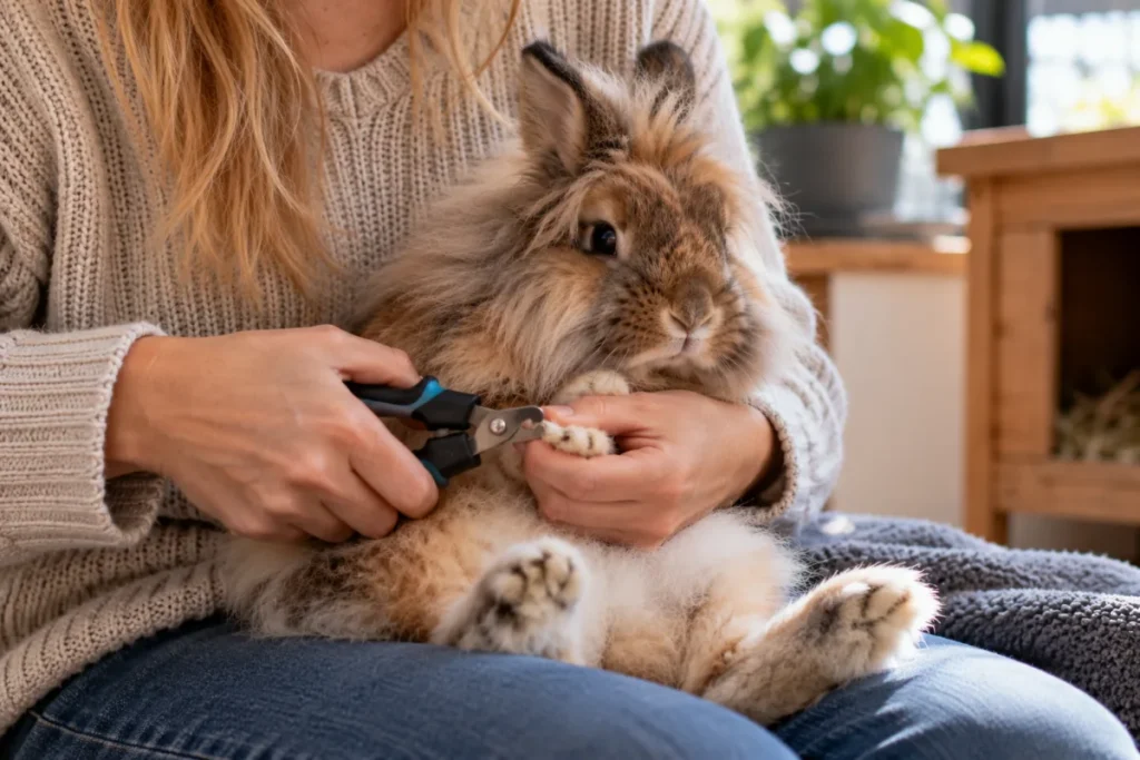 Een baasje knipt voorzichtig de nagels van een konijn op schoot