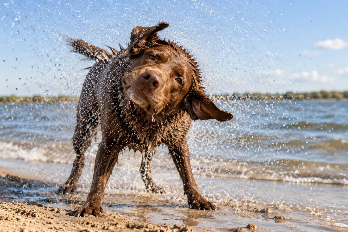 Een natte labrador schudt zich uit op een strand, waterdruppels vliegen in het rond