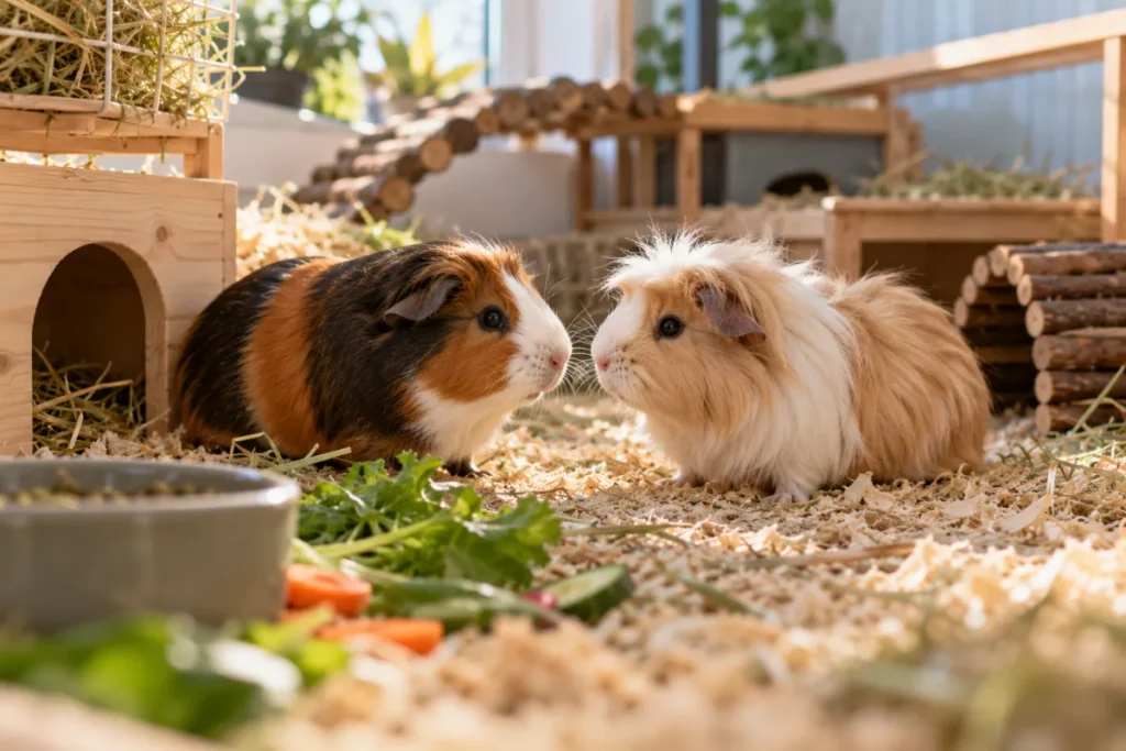 Twee cavia's maken kennis met elkaar in een ruim verblijf