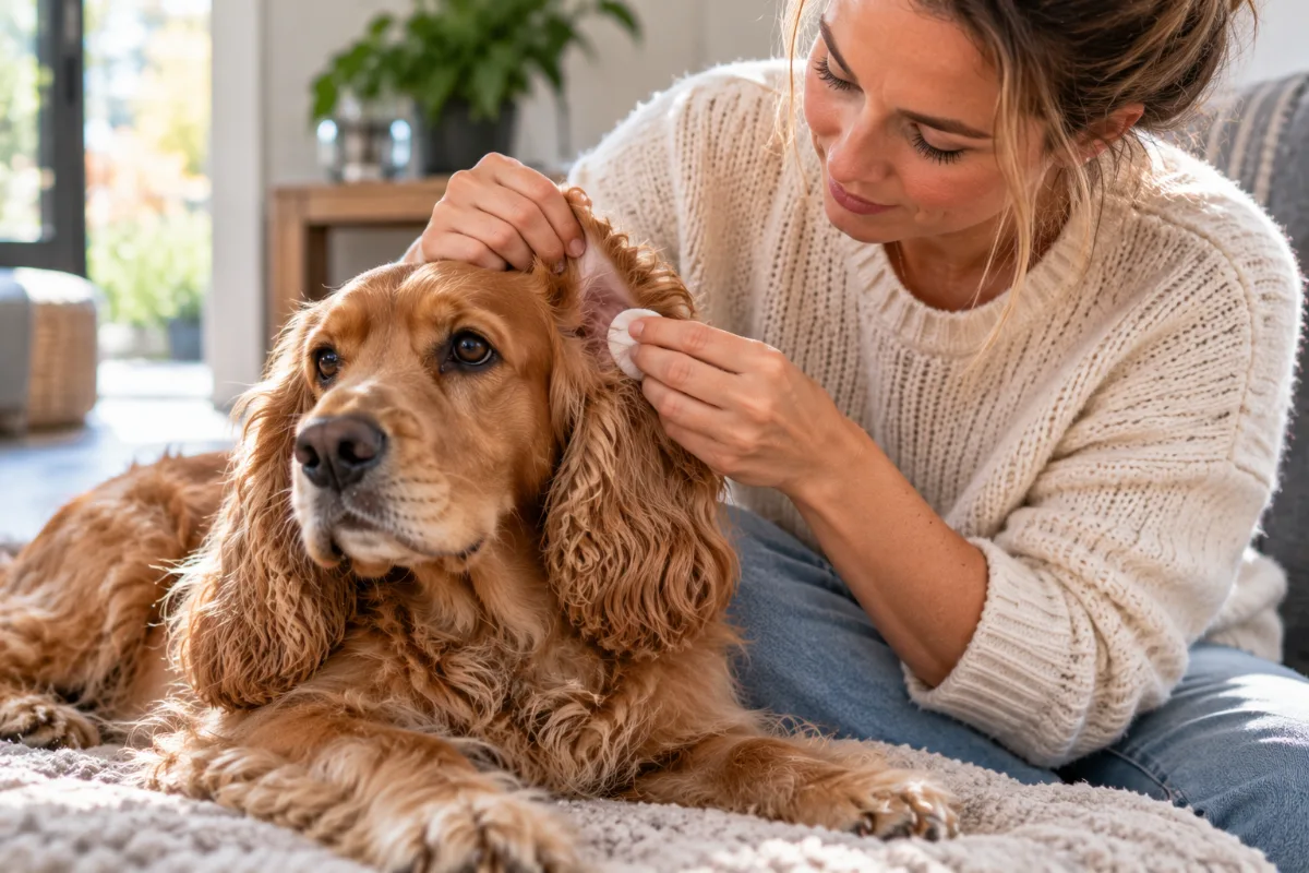 Een baasje reinigt voorzichtig het oor van een cocker spaniel met een wattenschijfje