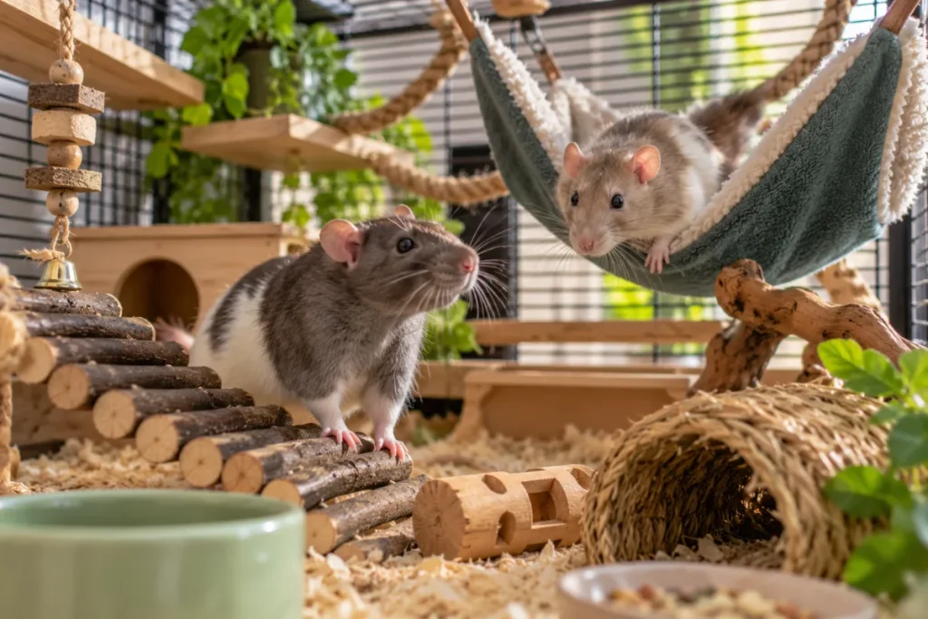 Twee tamme ratjes spelen samen in een ruime kooi met hangmat