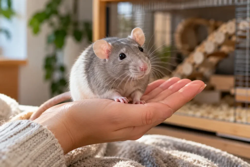 Een tam ratje zit op de hand van zijn baasje
