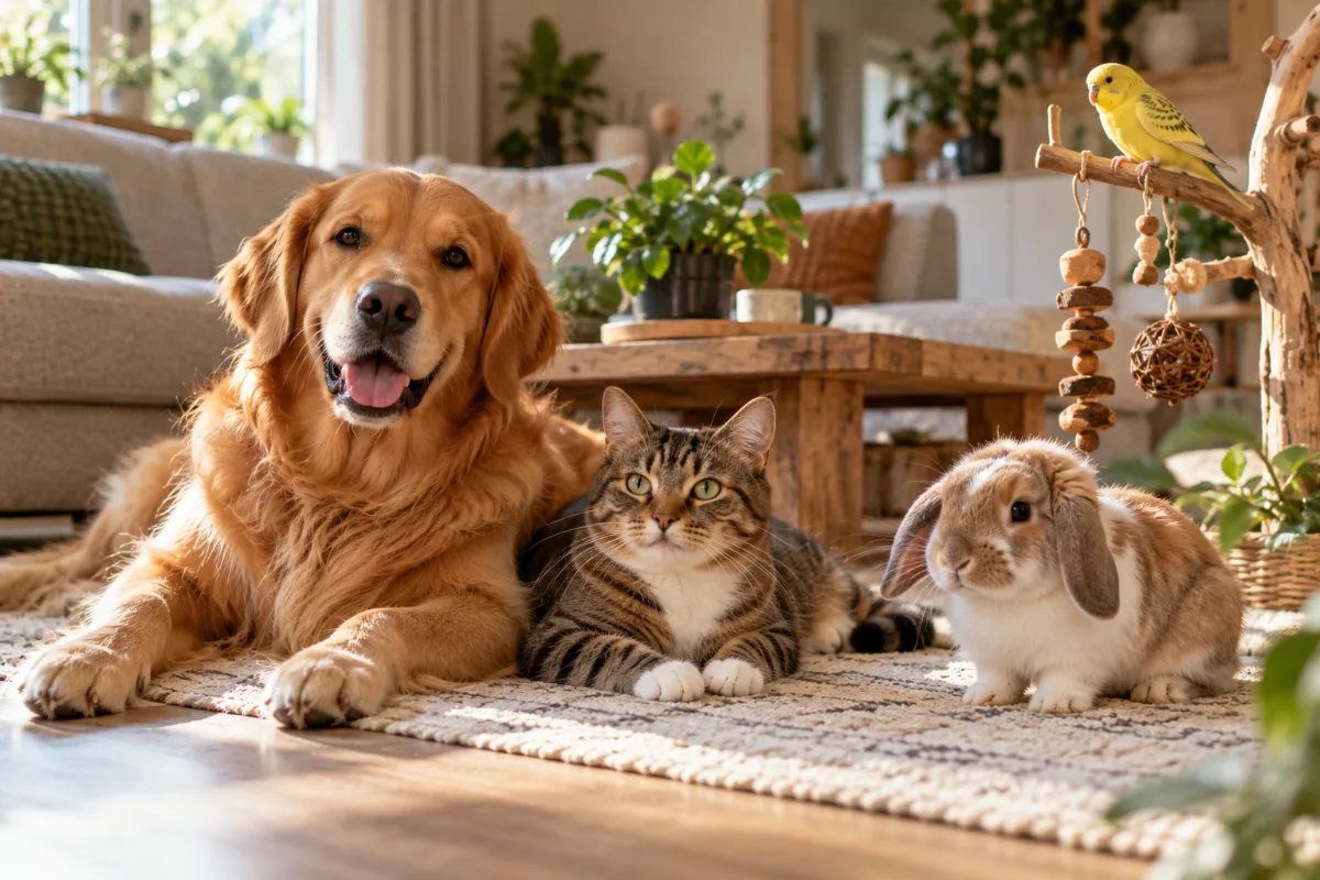 Een hond, kat, konijn en vogel in een gezellige huiskamer